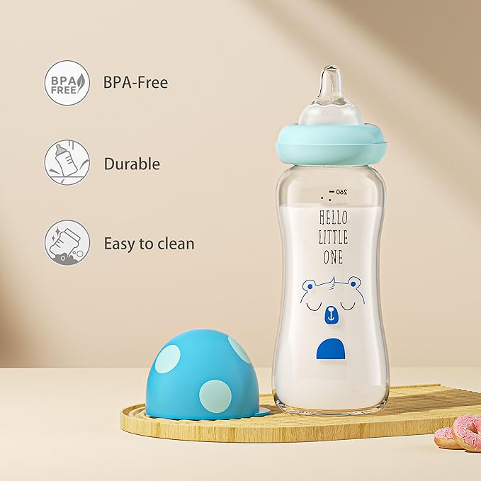 YOHKOH Natural Glass Baby Bottle with Natural Response Nipple, Newborn Anti-Colic Baby Bottles, Wide Neck Mushroom Cap Baby Bottle, Clear (8.8ounce (Pack of 4), Blue1)
