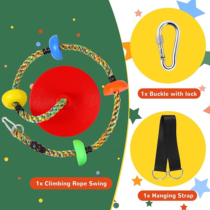 Tree Swing Climbing Rainbow Rope, Heavy Duty Swing Disc Seat Replacement for Kids with Hanging Strap and Platform Carabiners Indoor/Outdoor Playground Accessories (Red)
