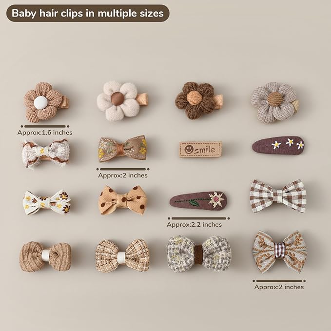 Baby Girl Hair Clips Set 20Pcs Tiny 2" Toddler Hair Bows Fully Covered Barrettes Clips for Babies Kids Small Hair Accessories