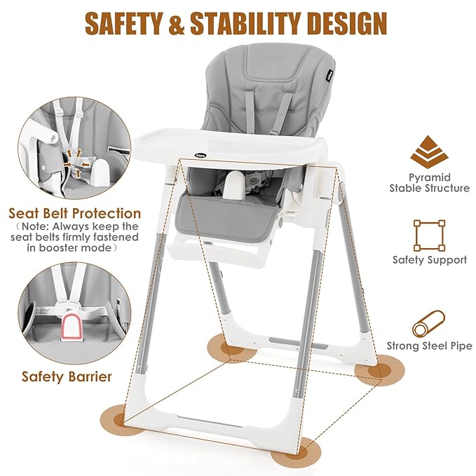 INFANS High Chair for Babies & Toddlers, Foldable Highchair with Multiple Adjustable Backrest Footrest Seat Height, Removable Tray, Detachable PU Leather Cushion Wheels (with Booster, Light Grey)