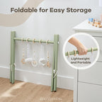 Comfy Cubs Wooden Baby Play Gym - Natural Finish Pinewood Baby Activity Gym with 5 Sensory Hanging Toys - Easy No-Tool Assembly, Safe and Durable for Infant Motor and Visual Development - Sage