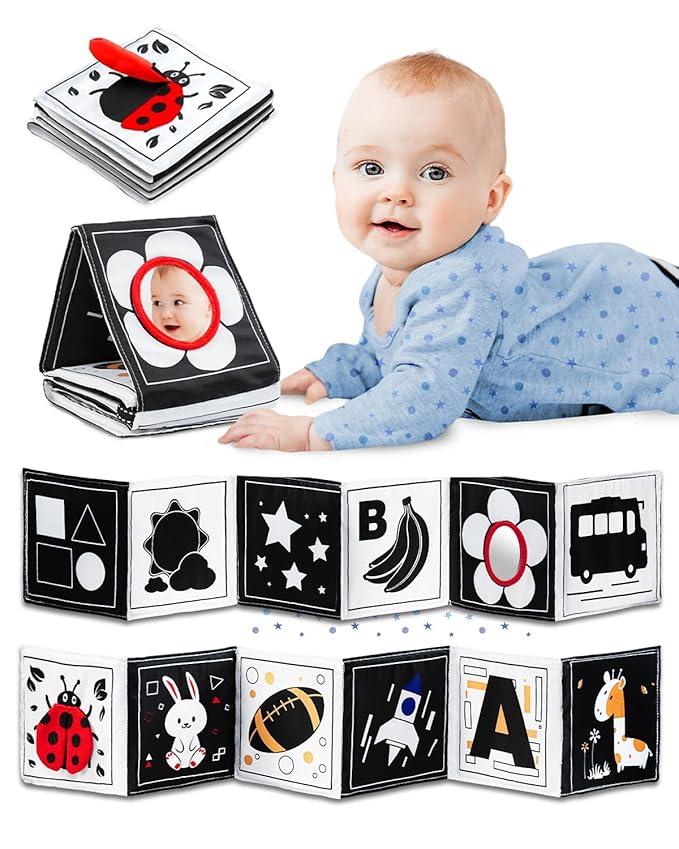 Infinno High Contrast Baby Toys for Newborn, Tummy Time Mirror Black and White Toys for 0-6 Months, Visual Sensory for Infant 0-3-6 Months, Newborn Baby Registry Essential Stuffers