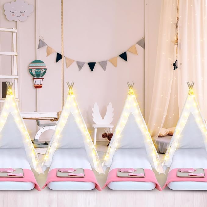 Windyun 4 Pack Kids Teepee Tent for Slumber Party with Mattress and Lights, Sleepover Tents for Girls Boys Indoor Outdoor Cotton Teepee for Kids with Airbed Tray Blanket Birthday Party Supplies(White)