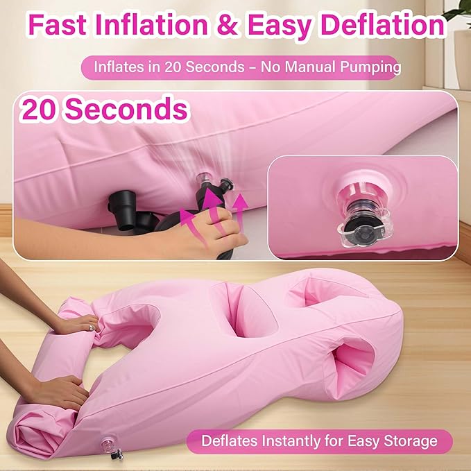 Inflatable Pregnancy Pillow with Belly & Head Hole – Full Body Maternity Airbed for Stomach Sleeping, Back Pain & SPD Relief – Comfortable, Portable & Includes Electric Pump Pink