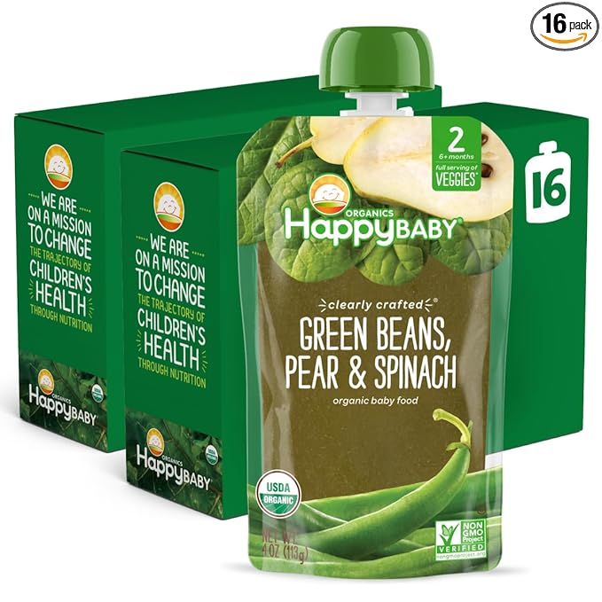 Happy Baby Organics Stage 2 Baby Food Pouches, Gluten Free, Vegan & Healthy Snack, Clearly Crafted Fruit & Veggie Puree, Green Beans, Pears & Spinach, 4 Ounces (Pack of 16)