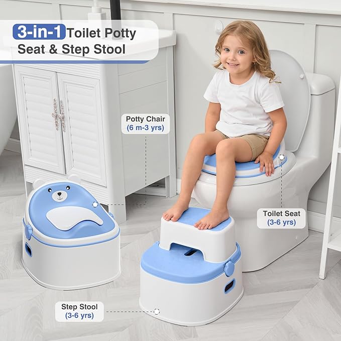3-in-1 Toddler Potty Training Toilet for Boys & Girls - Convertible Potty Chair with Step Stool for Toddlers 1-3, Anti-Slip Design Toddler Toilet Seat - Removable & Easy to Clean