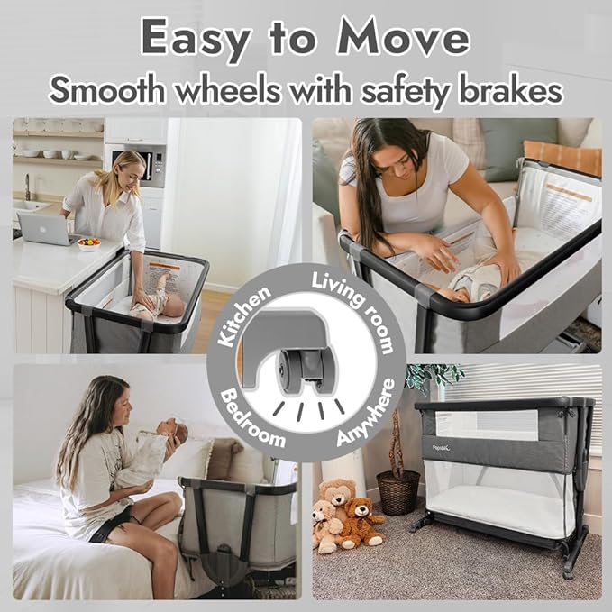 Papablic 4 in 1 Baby Bassinet, Bedside Bassinet for Baby, Adjustable Rocking Bassinet Bedside Sleeper with Soft Mattress & Storage Basket, Easy to Assemble, Black