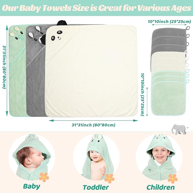 12 PCS Baby Towels, 3 PCS Soft Hooded Baby Towels & 9 PCS Washcloths, Baby Bath Towels for Newborns, Infants & Toddlers- Ultra Absorbent, Cute Baby Towel Gift for Boys & Girls