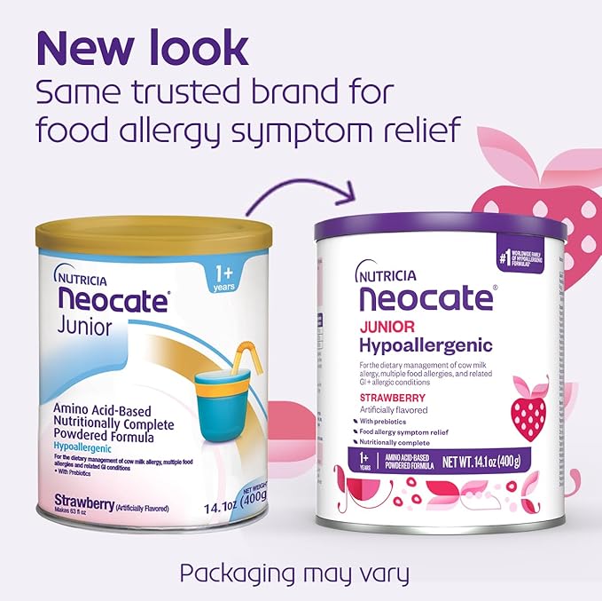 Nutricia Neocate Junior - Hypoallergenic, Dairy-free, Amino Acid-Based Formula for 1+ Years - For Toddlers, Kids & Teens - Powdered Formula - Strawberry - 14.1 oz can (Case of 1)