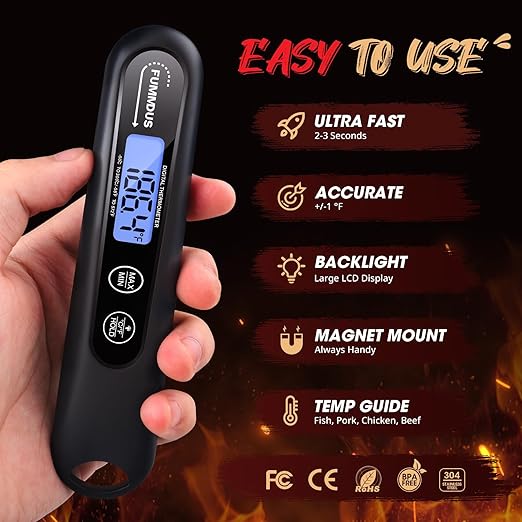 Meat Thermometer Digital, 3S Instant Read Food Thermometer for Cooking with Backlight & Magnet, Foldable Temperature Probe Kitchen Gadgets Essentials for Turkey BBQ Grill Smoker Candy