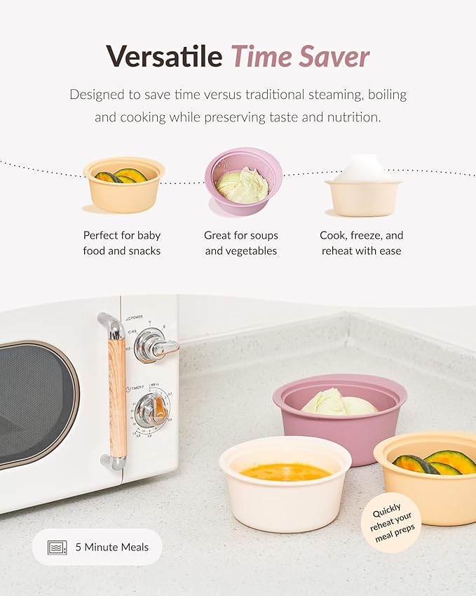 Moyuum Silicone Microwave Steamer | Made in Korea, Baby Food Maker Bowl with Lid, Egg and Vegetable Steam Cooker, Japanese Donabe Inspired Cooking Pot, Dishwasher Safe (Small, Oatmeal)