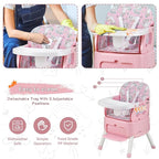 4 in 1 Portable Baby High Chair,Convertible Highchair for Babies & Toddlers-Foldable Infant Booster Seat,Carry Small Box,Dining Chair,Toddler High Chair with 5-Point Harness,Removable Tray-Pink