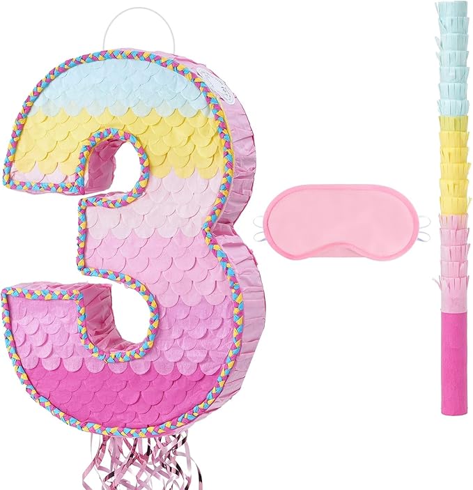 WERNNSAI Pink Sweet Three Pinata - Number 3 Pinata Happy Birthday Decoration Pink Rainbow Design Party Games for Girl Princess Baby Shower Party Favor with Blindfold Anniversary Celebration Supplies