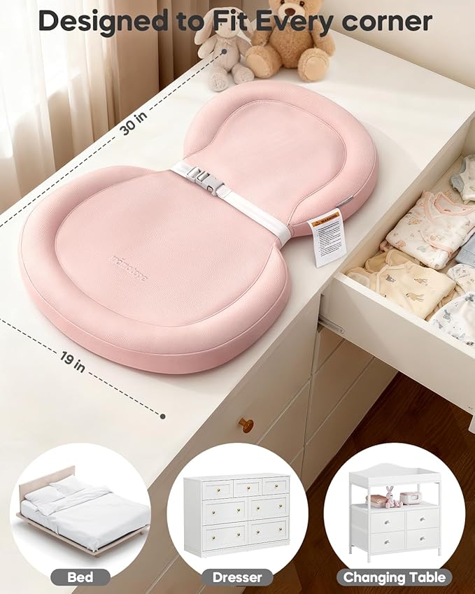 Baby Changing Pad with Waterproof & Wipe-Clean, Non-Slip Foldable PU Diaper Changing Pad, Adjustable Safety Belt, Changing Pad for Dresser, Changing Table,30"X19",Pink