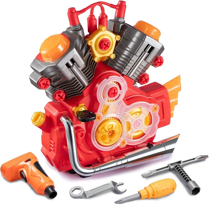 Engine Building Kit, Kids Mechanic Repair Set for Kids Motorcycle Engine，Take Apart Toys-42pc Playset，STEM Engine Model Kit Toy with Cool Lights&Sounds，Educational Toys for 3+ Year Old (red)