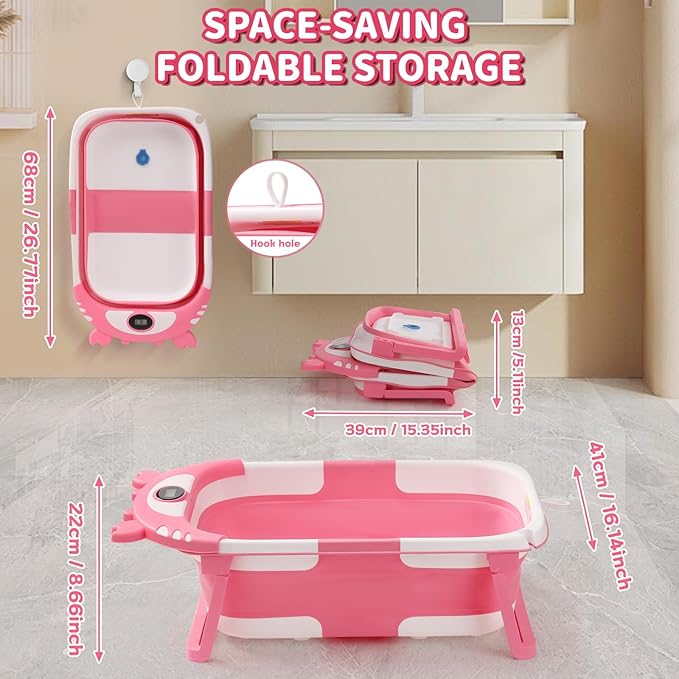 Baby Bathtub,Collapsible Baby Bath Tub with Thermometer & Soft Floating Cushion,Portable Travel Baby Bathtubs for Newborns to Toddlers 0-36 Months(Crab Pink)