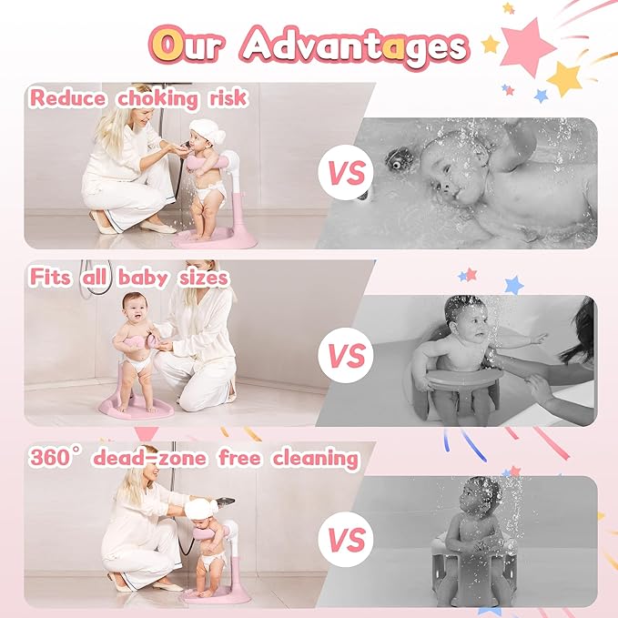 Baby Shower Stand, No-Assembly Baby Bath Stand with Enlarged Anti-Slip Base, Foldable Adjustable Toddler Shower Standing Support, Soporte para Bañera de Bebe, Ideal Gift for Infant 6–36 Months (Pink)