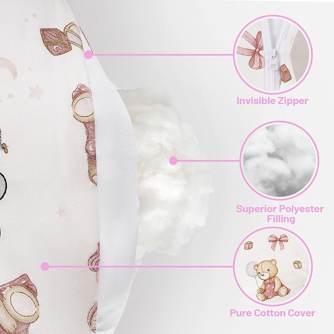 Nursing Pillow, Breastfeeding Pillows, with Removable Pillow Cover, Machine Washable, Machine Washable, Pink Bears