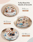Blissful Diary Baby Play Gym & Activity Mat, 5 Developmental Zones Wooden Tummy Time Mat with 5 Detachable Sensory Toys for Motor Skills & Sensory Development, Baby Essentials Shower Gift
