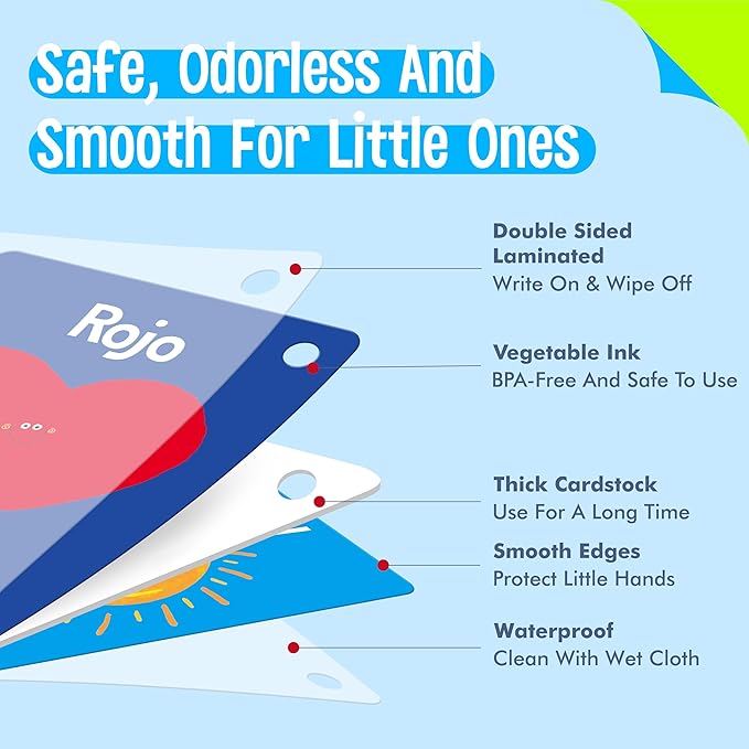 51 PCS Spanish Baby Cognitive Flashcards, Double Sided Printed 7 in 1 Colorful Cards Alphabet, Numbers, Foods, Animals, Shapes, Colors with 2 Reclosable Rings, Learning Tool for Toddlers