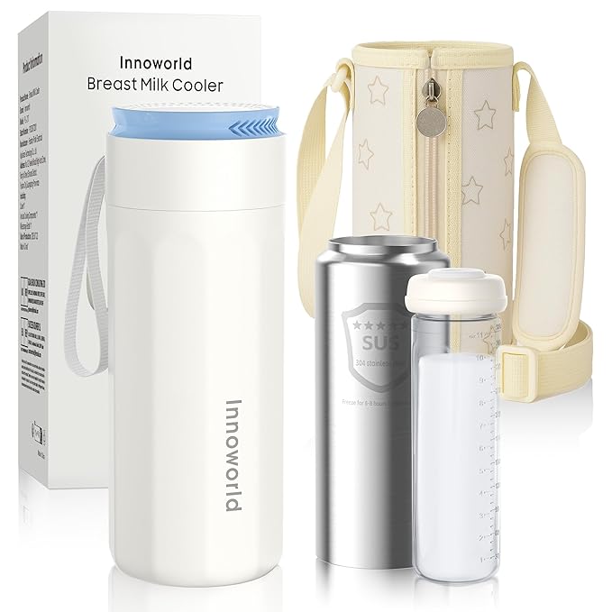 Portable Breastmilk Cooler for Outdoor, Breast Milk Cooler with 11oz Baby Bottle for Breastmilk Storage, 360° Stainless Steel Cooling Tube for 24 Hours Continuous Cooling, with Portable Carrier Bag