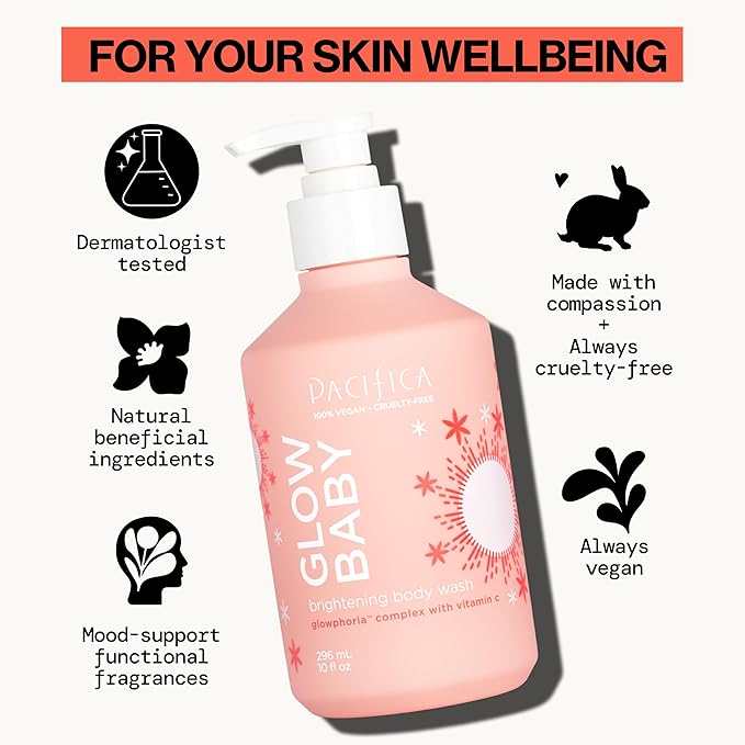 Pacifica Glow Baby Brightening Body Wash – Vitamin C & AHA Exfoliating Body Wash for Glowing Skin, Moisturizing Daily Shower Gel for Dull Dry Skin, Niacinamide & Kakadu Plum, Vegan, 10 oz