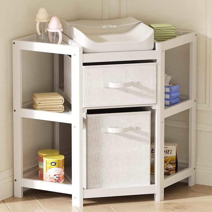 YUFU Baby Corner Changing Table with Storage Drawers, Portable Diaper Changing Station with Baby Changing Pad, Modern Wood Changing Table Dresser for Infants and Toddlers (White)