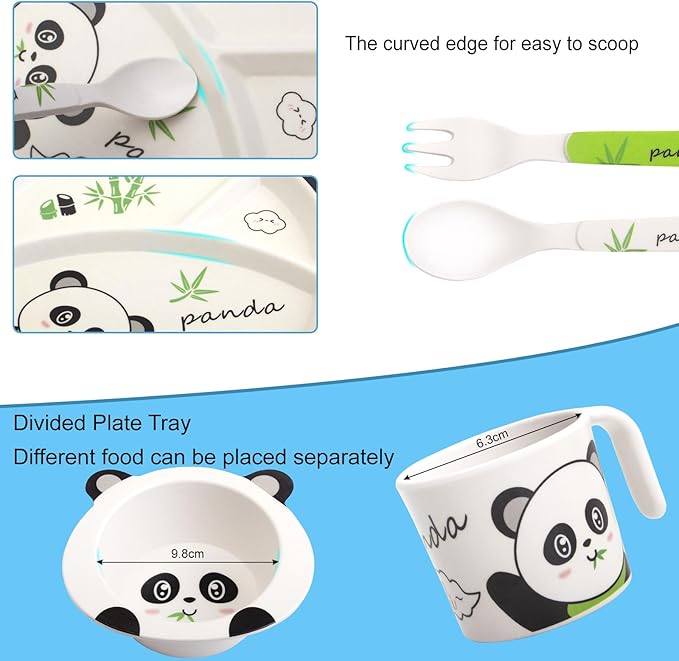 Kids Feeding Set 5 Pcs, Tableware Set for Toddlers Includes Plate Bowl Cup Fork and Spoon Utensil Flatware, Kids Flatware Set Dishwasher Safe, BPA Free (Panda)