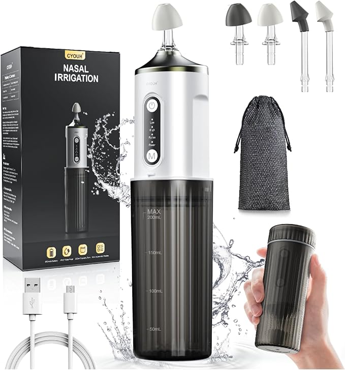 Nasal Irrigation System Electric Neti Pot Sinus Rinse Machine 200ml for Adults & Kids with 4 Nozzles & 30 Salts, USB-C Charge, Gentle Nasal Irrigation Device for Sinus Relief & Allergy（Gray）