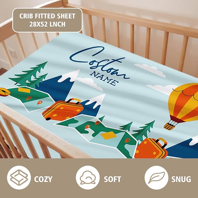 Personalized Baby Crib Bedding Set, Custom Name Hot Air Balloon Pattern Nursery Bedding Set 3 Pcs, Baby Blanket Fitted Crib Sheet Changing Pad Cover, Personalized Nursery Decor Gift for Newborns Boys