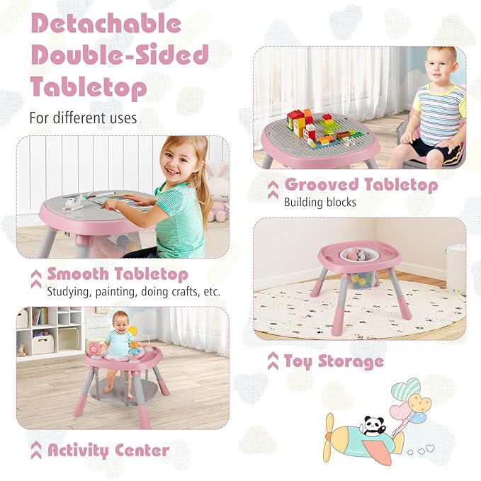 HONEY JOY 16-in-1 Baby High Chair, Convertible Highchair for Babies and Toddlers/Booster Seat/Activity Center with Toys, Building Block Table & Stool, Safety Harness, Removable Cushion & Tray (Pink)