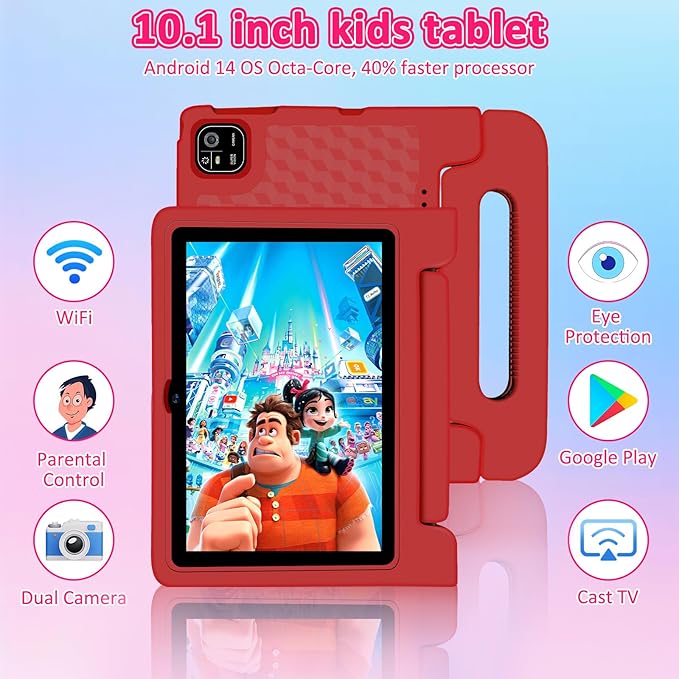 Kids Tablet, 10.1 inch IPS HD Touchscreen Android 14 64 GB Storage, 8GB RAM, Octa Core Tablet for Kid with Kid-Proof Case, Parental Controls, 12-hr Battery, WiFi, GPS – Red