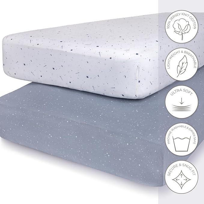 Ely’s & Co. Crib Sheets, Baby Boy Fitted Crib Mattress Sheet Set, 2 Pack, 100% Jersey Knit Cotton, Infant and Toddler Nursery Bedding, Celestial Blue Print, 28” x 52”