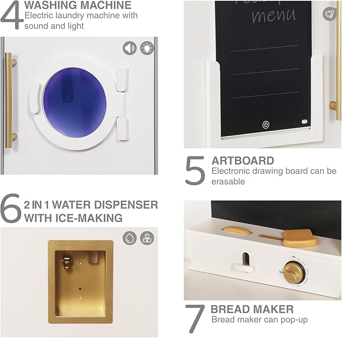 Large Wooden Corner Play Kitchen Sets with Ice Maker,Water Dispenser,Bread Maker,Washing Machine,Electronic Display,Toy Sink with Running Water,Stove with Light&Sounds, Birthday Gift for 3+