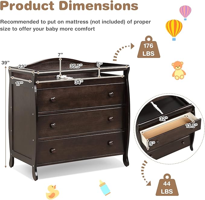 Costzon 3-Drawer Changing Table, Infant Diaper Changing Station with Drawers, Safety Rails & Strap, Baby Changing Table Dresser for Nursery, Easy Assembly (Brown)