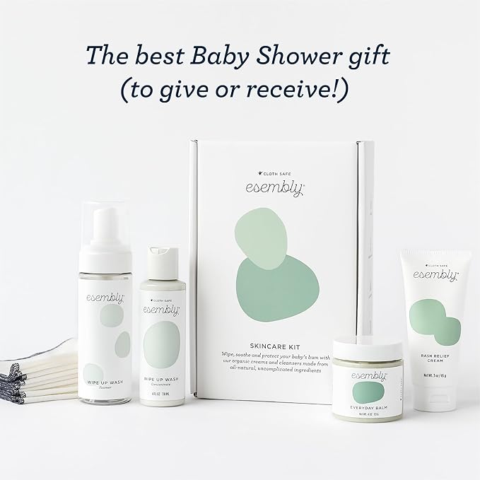 Esembly Skincare Kit, Baby Arrival Gift Set with Organic Diaper Creams, Reusable Organic Cotton Wipes and Wipe Cleanser with Foamer - Mama and Baby Essentials for Cloth Diapering