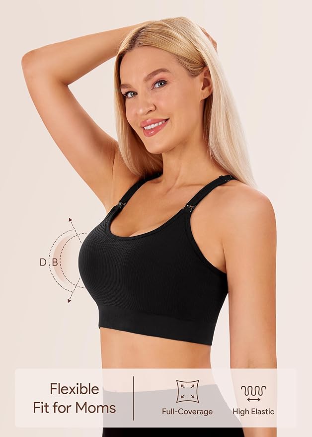 Angelhood Nursing Bras for Breastfeeding, Ribbed Nursing Sports Bra Yoga Maternity Bras Pregnancy Sleep Bralette
