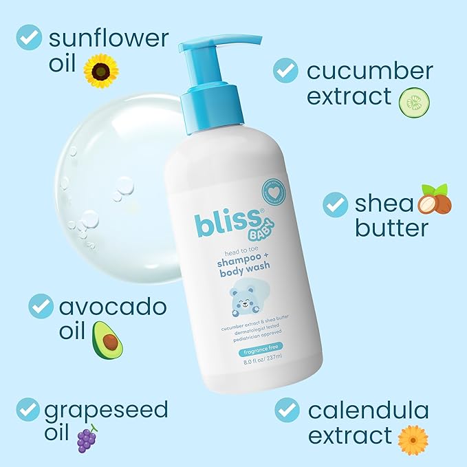 Bliss Baby Shampoo and Body Wash, Premium 2-in-1 For Babies, Toddlers & Kids, Unscented & Hypoallergenic - Gentle Baby Soap - Vegan, Hydrating For Sensitive Skin - Avocado, Shea Butter & Calendula