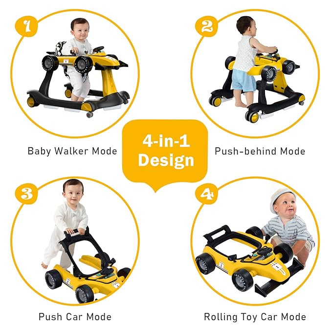 BABY JOY 4-in-1 Baby Walker, Foldable Activity Walker with Adjustable Height & Speed, Music, Lights, Anti-Rollover, Toddler Push Walker, Baby Walker with Wheels for Boys Girls 6-18 Months (Yellow)