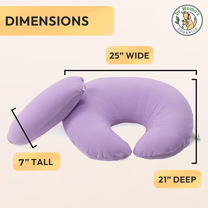 Dr. Mama's Organics Nursing Pillow with Lumbar Support - Ergonomic Design Helps Relieve Back Pain and Arm Fatigue - for Bottle and Breastfeeding - Removable Organic Cotton Cover - (Lilac)