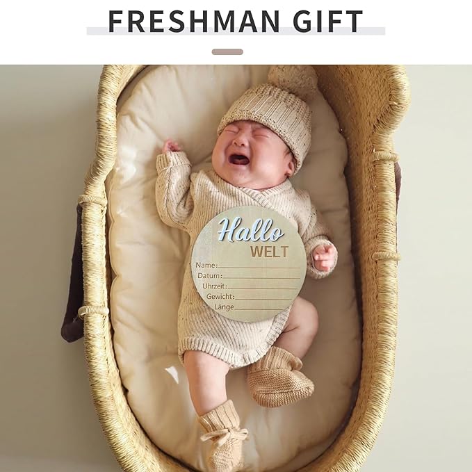 Baby Announcement Sign, 5.9 Inch Wooden Hello World Newborn Signs, "Hallo Welt" Decoration, Birth Announcement Sign, Welcome Newborn Arrival to World, Hospital Nursery for baby