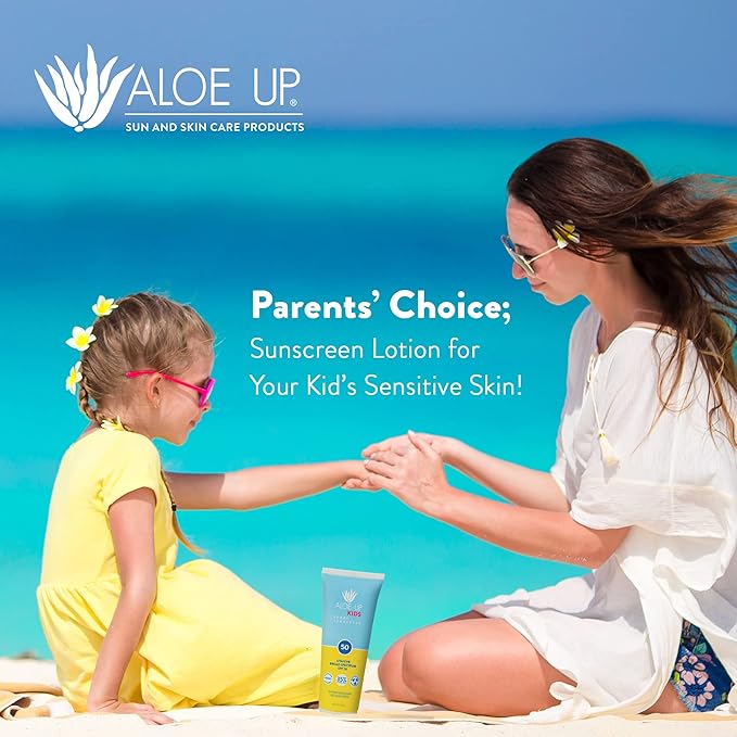 Aloe Up Kids Sport Sunscreen Lotion SPF 50 - Broad Spectrum Sheer Face and Body Sunscreen Protector for Sensitive Skin - With Aloe Vera Gel - Dries Fast - Reef Safe - Fragrance-Free - 6 Oz