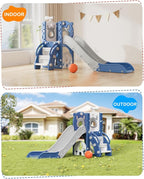 XJD 7 in 1 Toddler Slide, Kids Indoor Slide for Toddlers 12 to 36 Months, New Upgrade with Golf, Basketball Hoop for Indoor Outdoor Playset,Toddler Playground (Blue Gley)