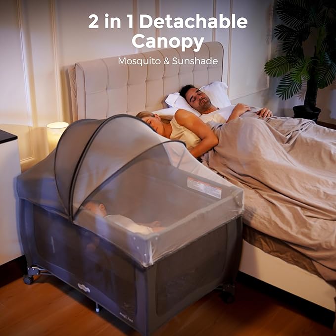 Pamo Babe Pack and Play 1-Second Setup 4-in-1 Portable Crib for Baby with Bassinet, Mosquito Net, Changing Table & Toy Arch