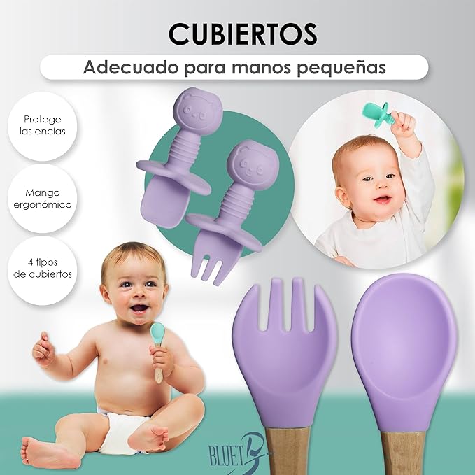 Bluet B- Silicone Baby Feeding Set - Baby Led Weaning Supplies - Baby Spoons, Suction Bowl - Plate - Baby Utensils - Silicone Feeding Set for Baby First Foods, Infant Eating - 8pcs - Purple