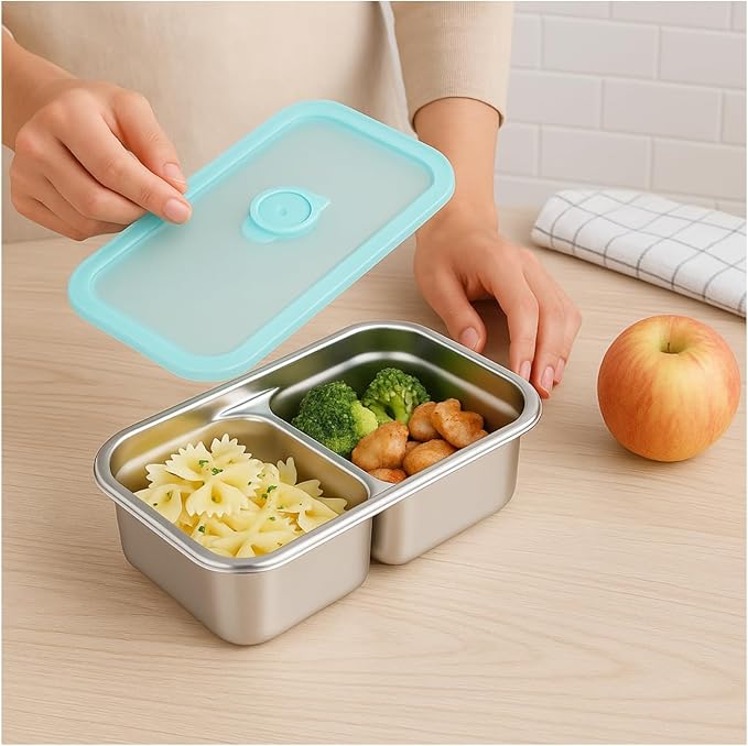 2 Pack Stainless Steel Snack Containers – Leakproof Reusable Bento Boxes with Lids for Food Storage, Travel, Work, Outdoor (Clear Lid/Silver Base, 1 Compartment)