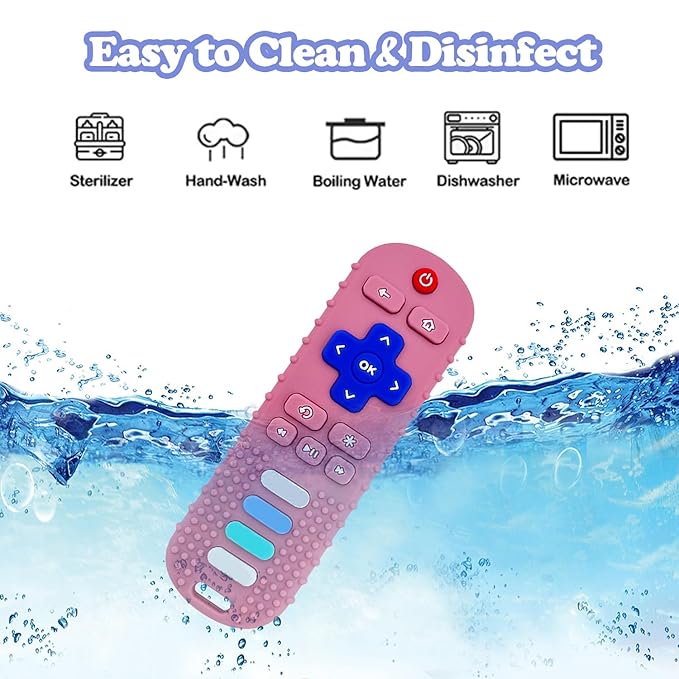Baby Teething Toys, Food Grade Silicone Teether for Babies 3 6 12 18 Months, TV Remote Shape Toddlers Chew Toys, Freezer BPA Free (Pink RC)