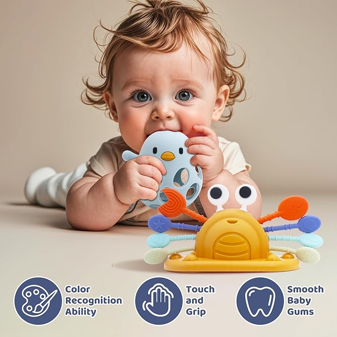 Baby Suction Toys High Chair Teething Toys - Baby Teething Chew Table Toys Silicone Teethers, Food Grade Silicon for 6 12 18 Months (YellowBlue)