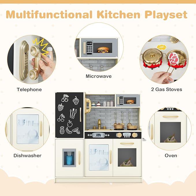 HONEY JOY Kids Kitchen Playset, Wooden Little Chef Pretend Toy Kitchen Set w/Chalkboard, Telephone, Utensils, Oven, Microwave, Sink, Storage, Play Kitchen for Toddlers Boys Girls, Cream