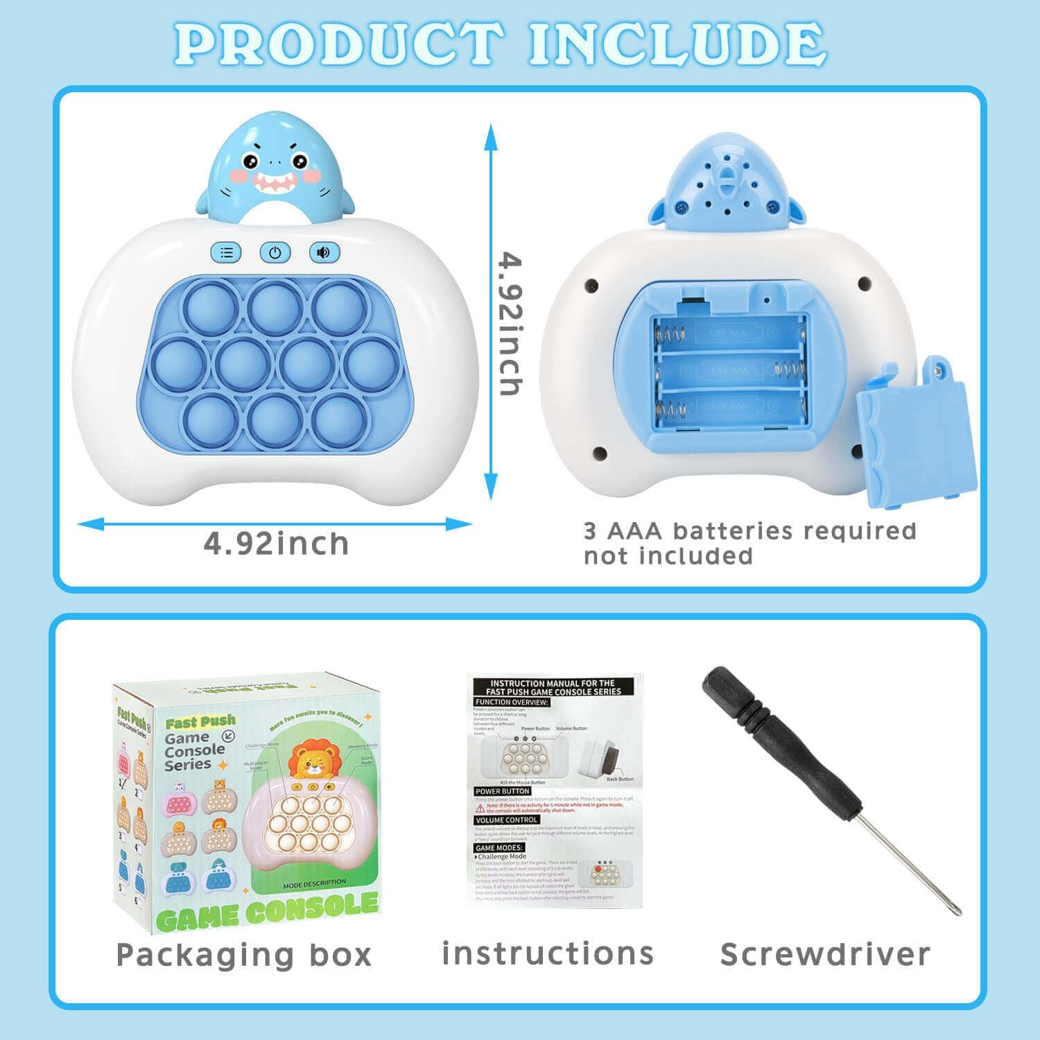 Fast Push Pop Game It Fidget Toys Pro for Kids Adults, Handheld Game Machine, Squeeze Poppet Sensory Electric Quick Push Bubble Toy, Birthday Gifts for Boys Girls Teens （Shark）